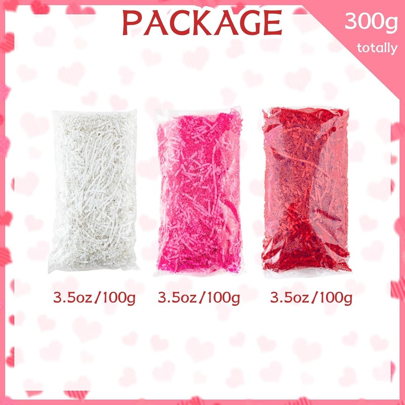 Gloreyan 3 Colors Valentine's Day Crinkle Cut Paper Shred, Pink Red White Raffia Paper Sherd Filler Grass for Gift Wrapping Basket Filling Birthdays Weddings Party Supply（10.6 oz） - Image 2